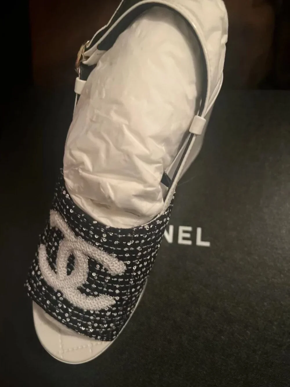 Chanel Tweed Logo Strap Wedge Heel Sandals,